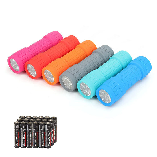 EverBrite 6 Pcs 9-LED Flashlight Impact Handheld Torch Assorted Colors with Lanyard
