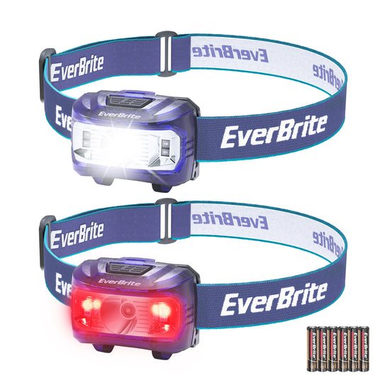 2-pack headlamps showing white and red lights, blue straps, battery packs included