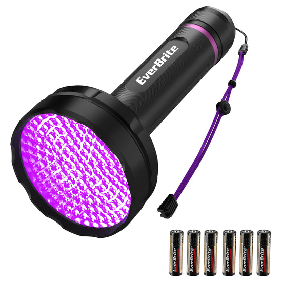 EverBrite UV flashlight with purple LED head, black body, and purple lanyard.