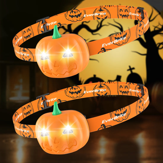 EverBrite Halloween Pumpkin Headlamp 2 Pack, 2 Modes LED Adjustable Headband, Orange Spot & Strobe Lights Halloween Gifts