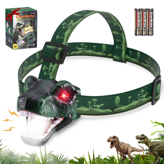 Green dinosaur LED headlamp with adjustable strap and glowing T-rex mouth