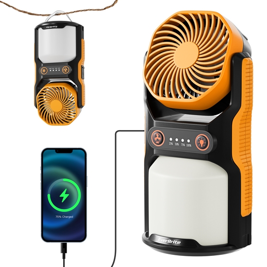 EverBrite Rechargeable Camping Lantern with Fan, 1000LM & 4400mAh Power Bank, 3 Speeds, Portable with Hanging Hook (W)
