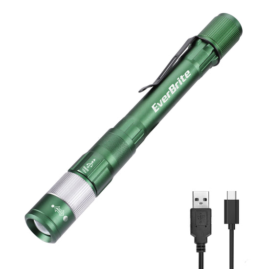 EverBrite rechargeable pen light, green aluminum body with clip and zoomable head