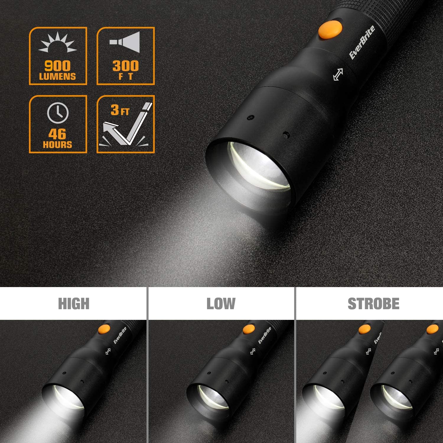 atak led rechargeable flashlight Ever Brite Ultra Bright Tactical Flashlight, 900 Lumen Zoomable Adjustable Focus, 3 Light Modes, Heavy Duty Aluminum Tor