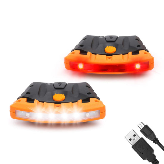 EverBrite clip-on hat light set, orange and black, with glowing LEDs and USB cable